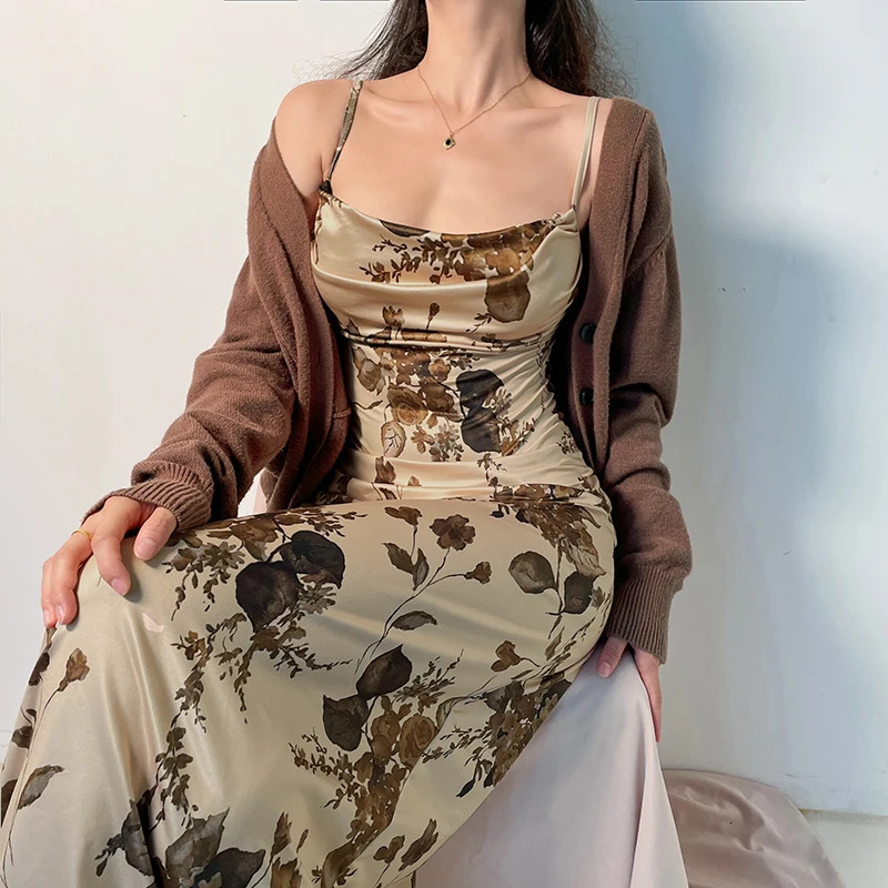 CIBBAR y2k Vintage Strap Dress Retro Floral Print Sleeveless Summer Party Long Dresses for Women 2000s Aesthetic Elegant Ladies 241007