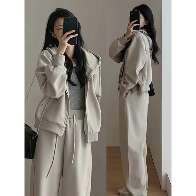 2024 Autumn Winter Solid Loose Womens Hoodie and Sweatpants Two Piece Set Korean Fashion Y2k Zip Up Hoodie Sweatshirts 241010
