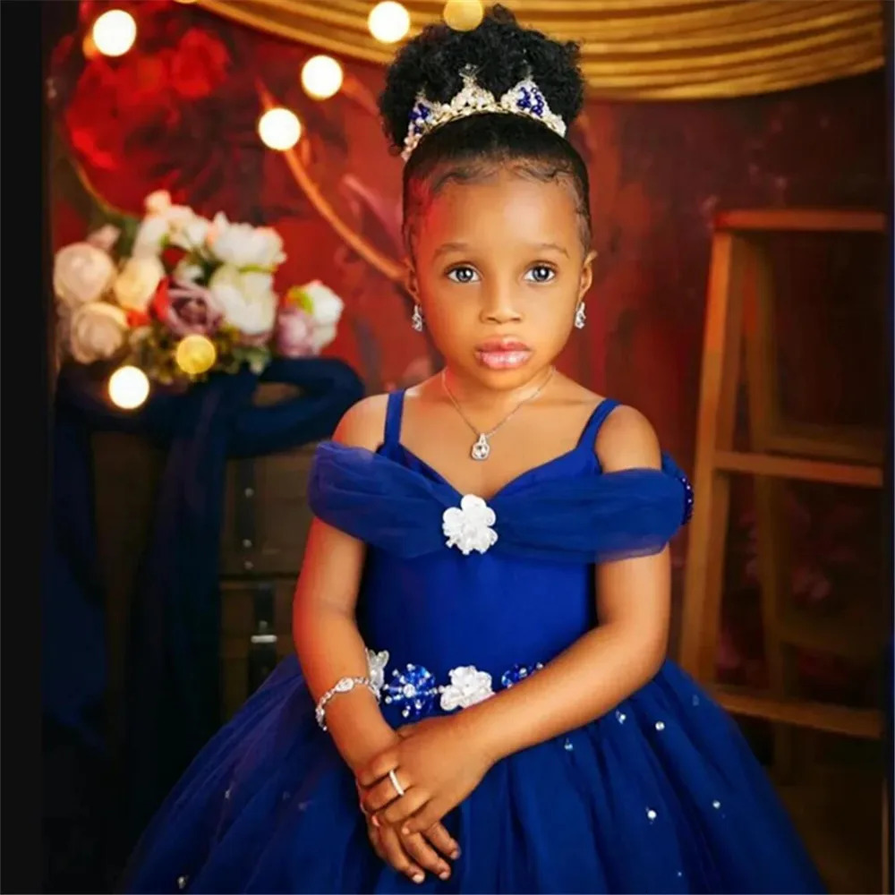 Princess Royal Blue Flower Girl Dresses For Wedding Beaded Tulle Toddler Girls Pageant Dress Kids Formal Wear 241014
