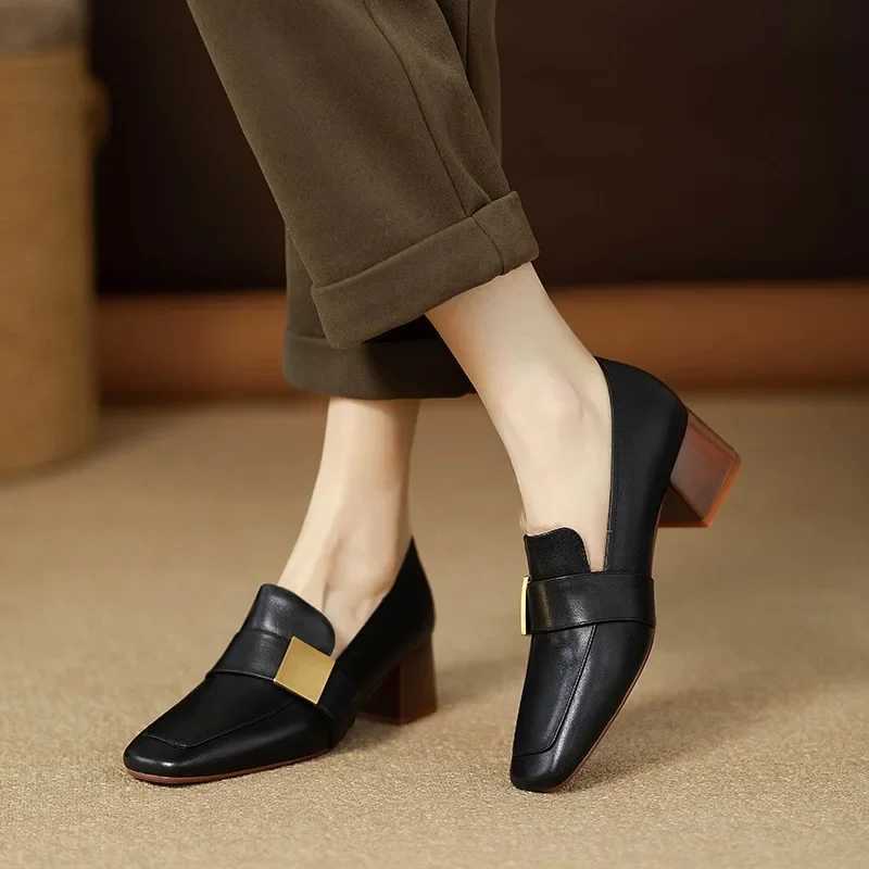 New Leather Women Fashion Pumps Square Toe Thick Heel Mary Jean Shoes Slip on Elegant Temperament Daily Shoes HandmadeLX241014