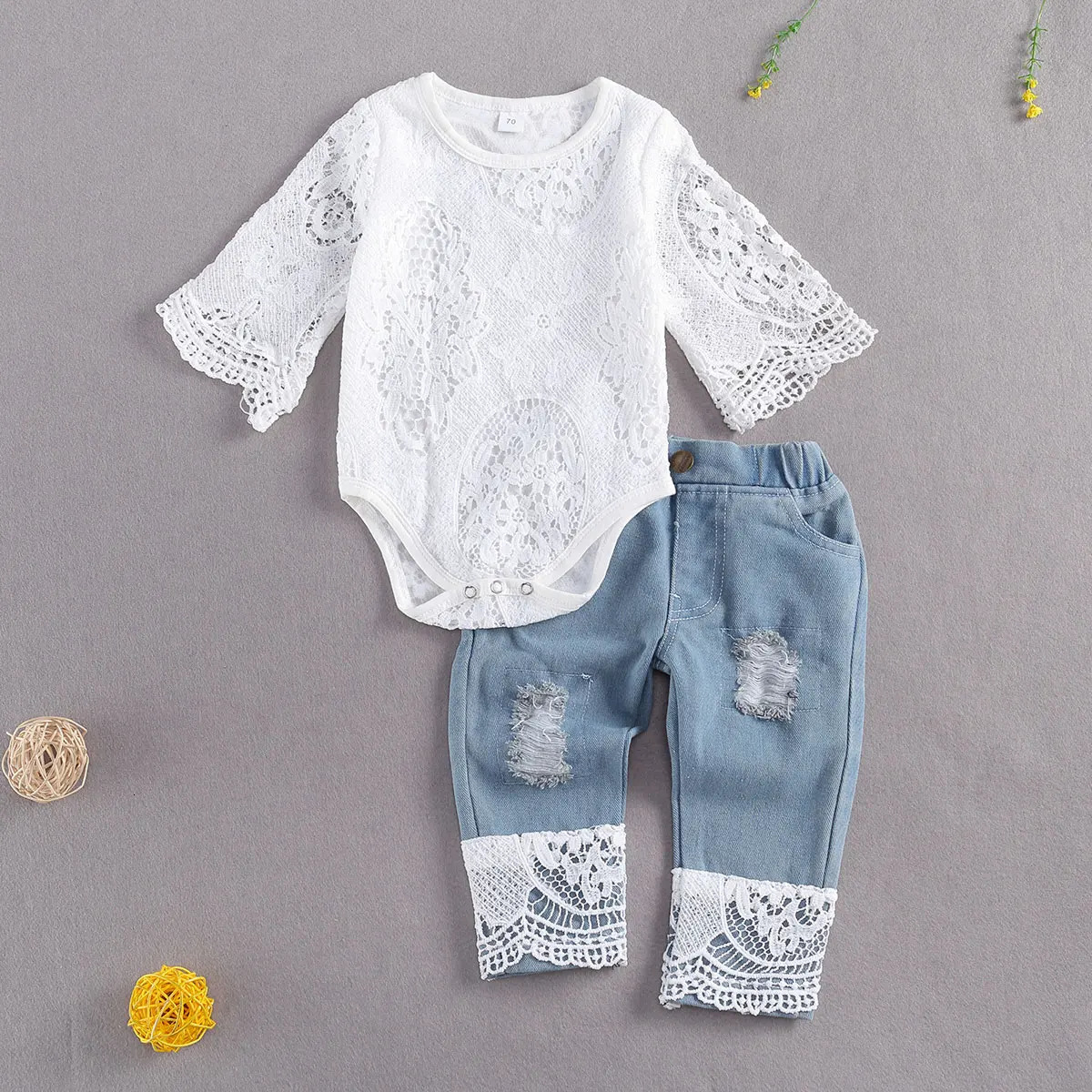 RWYBEYW Toddler Baby Girl Clothes 3 6 12 18 24 Months Lace Ruffle Romper Top Flare Denim Jeans Clothing Outfits Set 241011