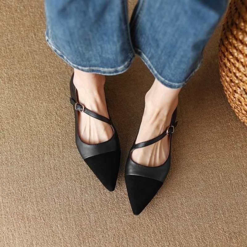 2024 New Women Flat Womens Pointed Toe Single Shoes One Word Buckle Round Mary Jane Shoes Ballerina Flats MujerLX241014