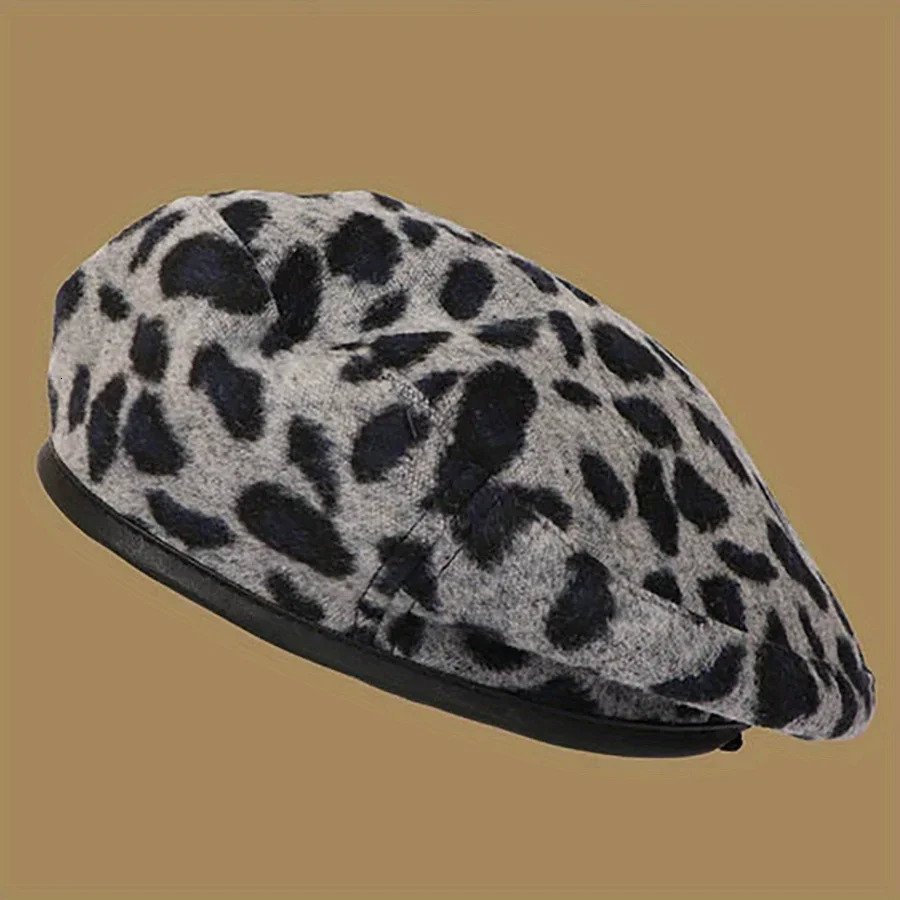 Leopard Print Artist Hat Windproof and Warm Brimless Cap with Adjustable Rope Autumn Retro Beret Winter Casual Fashion Felt Hat 241009