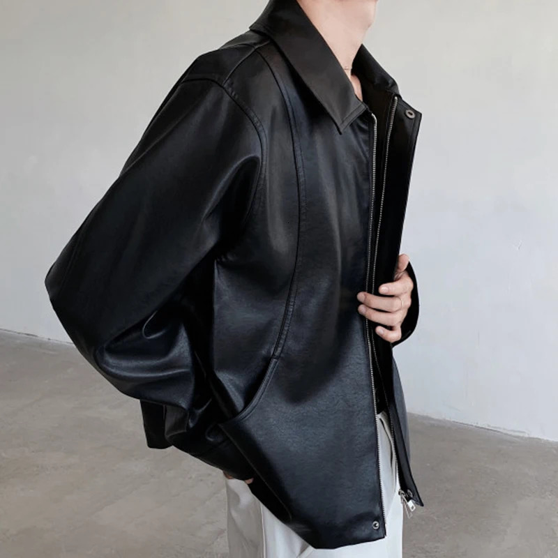 IEFB Mens PU Leather Short Zipper Jacket 2024 Autumn Winter Fashion Trend Cleanfit Curved Knife Male Jackets 9C7351 241011