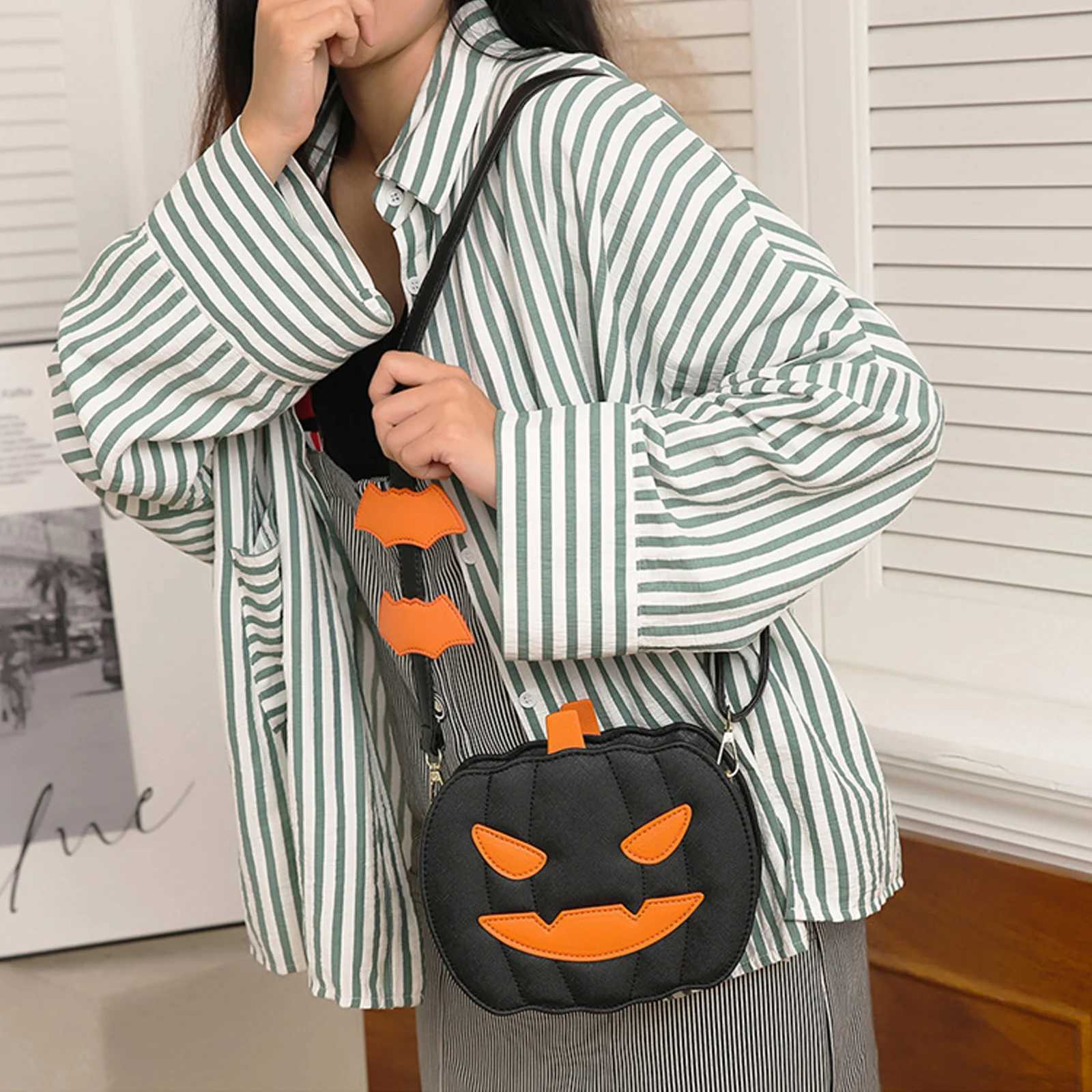 Interesting Pumpkin Cross Body Bag Fashion PU Leather Shoulder Lower Arm Bag Orange Black Cute Cartoon Devil Messenger Bag M241014