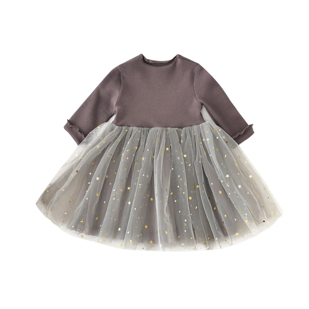 Kids Girls Princess Dress Korean Spring Autumn Long Sleeve Cotton Baby Girls Dress Spliced Star Mesh Toddler Girls Dress 241014