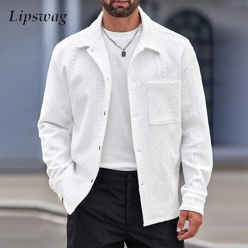 Stylish Turn-down Collar Button-up Mens Jacket 2024 Autumn Fashionable Jacquard Solid Color Jackets For Men Vintage Cardigan Top 241011