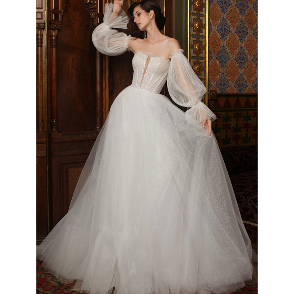 Hot Sale Sweetheart A-Line Wedding Dresses Long Puff Sleeves Lace Appliques Princess Bridal Gowns Vestido De Noiva