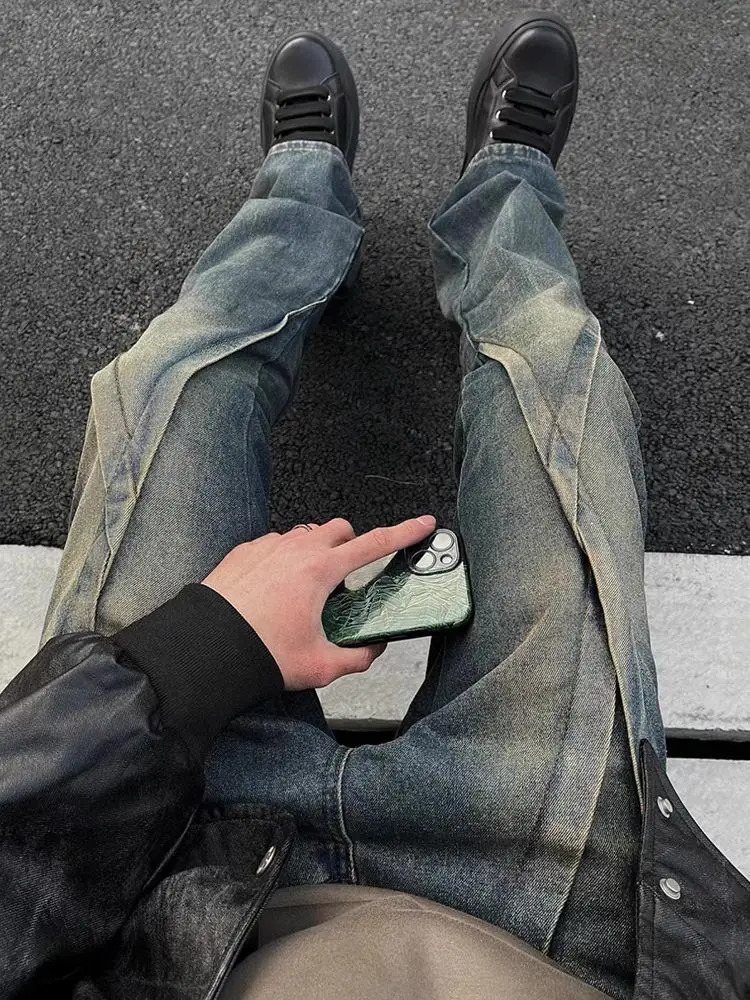 Spring high street mens and womens straight leg washed jeans hip-hop trend straight leg micro flash casual pants Y2K 241007