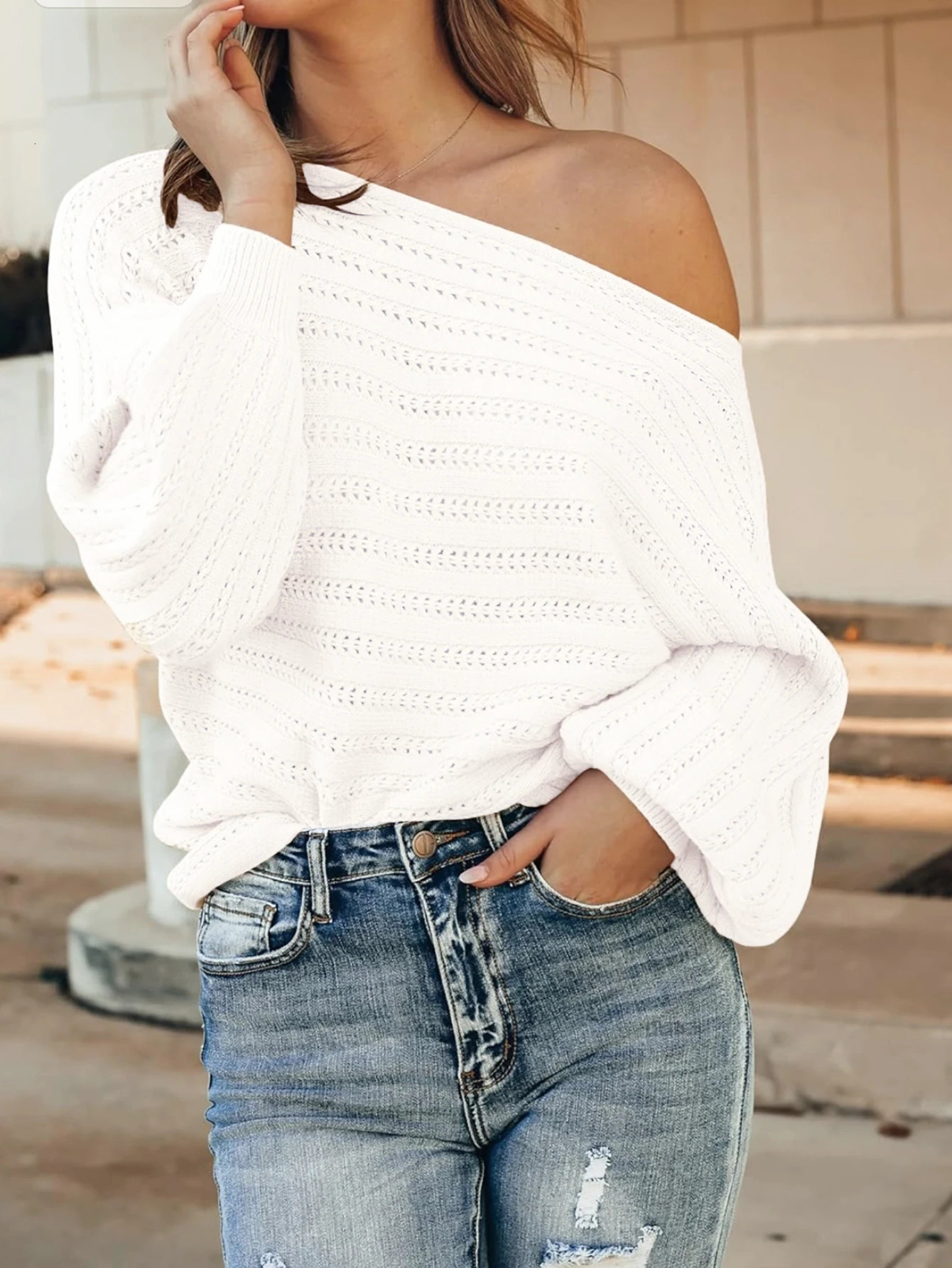 Hollow-out womens top solid color line shoulder sexy off-the-shoulder long sleeve loose sweater 241010