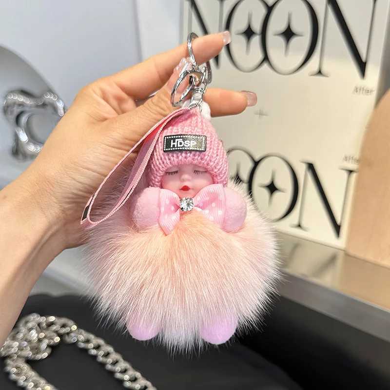 Cute sleeping baby fluffy keychain real fox fur doll keychain plush doll pendant fashionable keyholder car keyring womens bag Y241014