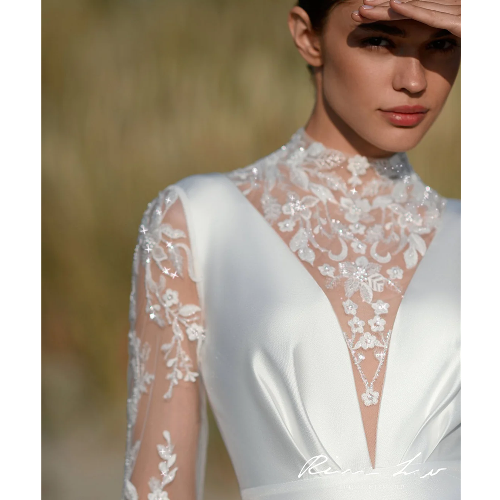 Modest High Collar Long Sleeves Wedding Dresses Glitter Appliques Bride Robe Elegant A-line Satin Long Bridal Gown Robe De Mariee