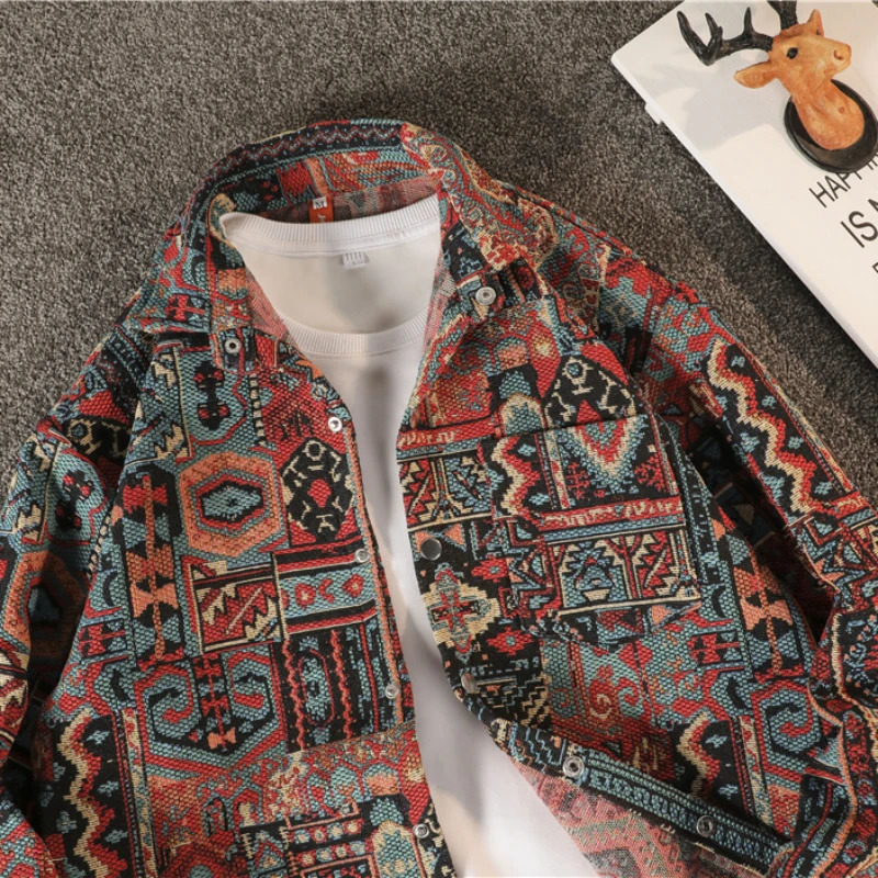 Autumn Lapel Ethnic Style Jacquard Shirt Mens Casual Loose High Street Jacket Men Tops Overcoat Shirts Male Clothes 241011