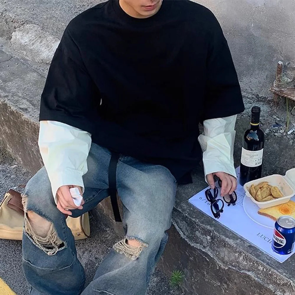 Mens T-Shirt Long Sleeve Y2K Korean Style Two-Piece Contrast Stitching Top Autumn Oversize Casual Pullover MenS Clothing 241011