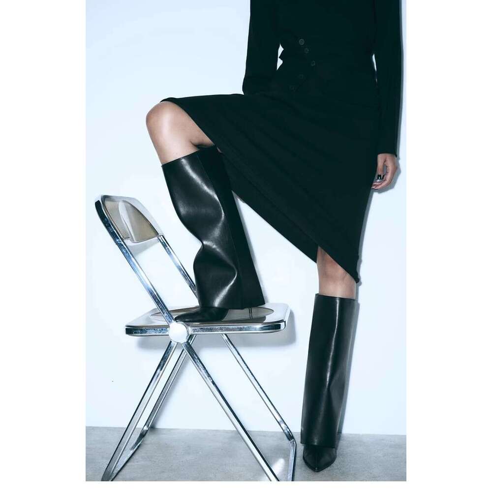Autumn Winter Black Leather Knee High Ins Funky Slip On Trouser Boots Pointed Toe Kitten Heels Stretch Shoes Women