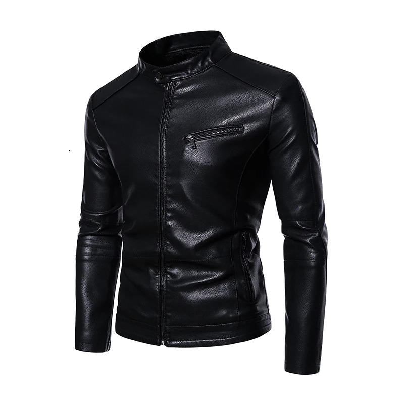 PU Casual Leather Jacket Men Fleece Motorcycle Biker Slim Fit Outerwear Men Solid Stand Collar Leather Jackets 241007