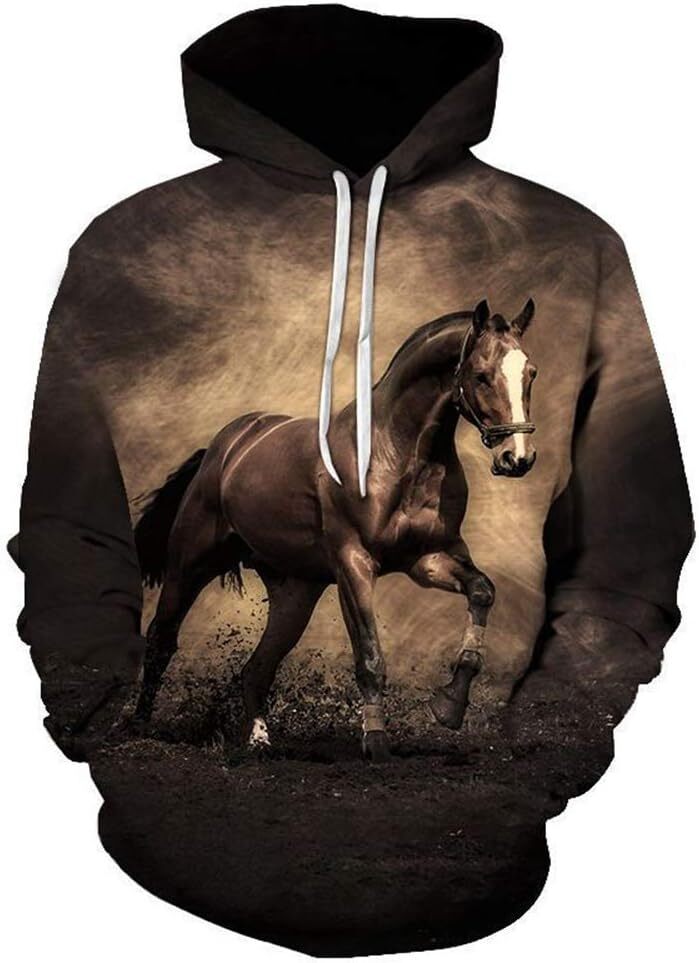 Hoodie for Mens Womens Novelty Horse Print Hoodie Animal 3D Pattern Sweatshirt Hooded Pullover with Pocket Graphic Trendy Fashion