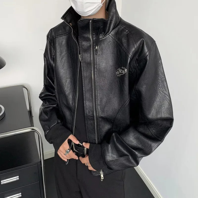 FEWQ Mens PU Leather Jacket Stand Collar Autumn Niche Top Trendy Solid Color Long Sleeve Male Tops Fashion 24X2144 241011