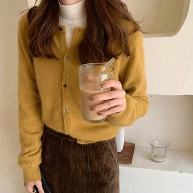 Fall Solid Color Knitted Cardigan Women Korean Single Breasted Long Sleeve Jumper Woman Round Neck All Match Sweater Outwear Top 241009