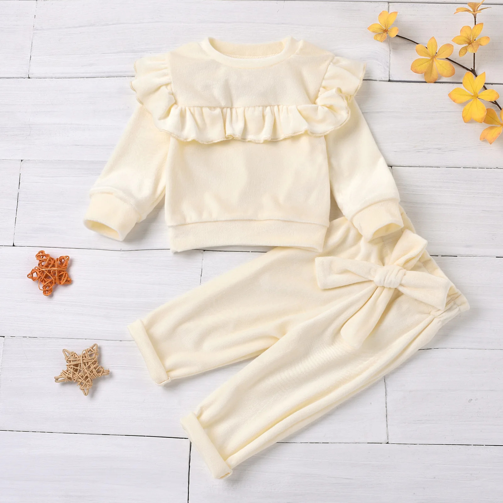 Spring Autumn Toddler Baby Girls Velvet Outfits Warm Clothes Sets Ruffle Hoody Top Coat Bowknot Pants 2pcs Kids Winter Clothing 241011