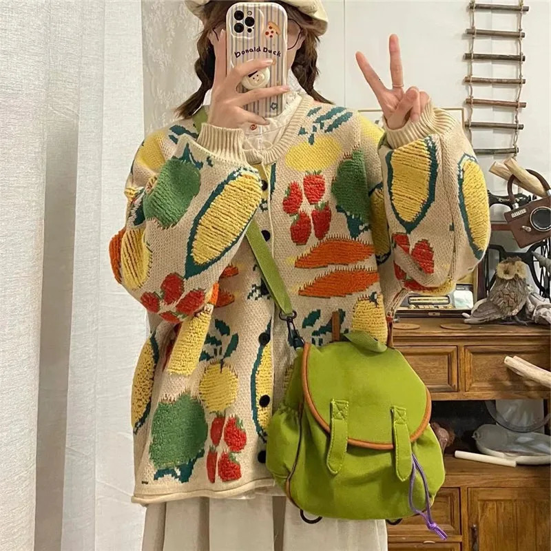 Japanese Cartoon Fruits Knitted Cardigan Women Basics ONeck Female Long Sleeved Loose Autumn Winter 241009