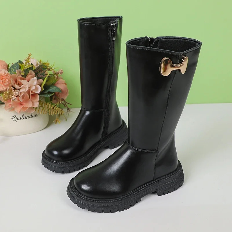 Girls Long Boots Black Fashion Kids Leather High Boots Autumn Winter Fashion Warm Fur Children Motorcycle Boots Classic 241014