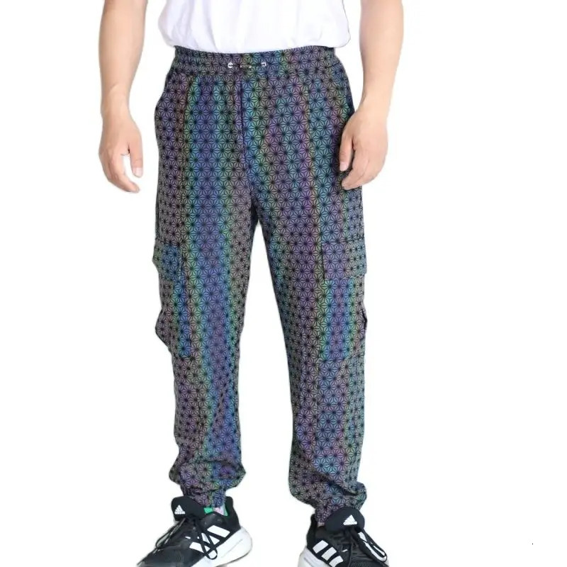 Color holographic reflective mens Trouser hip-hop knitted breathable waist cargo pants casual jogging sports pants 241007