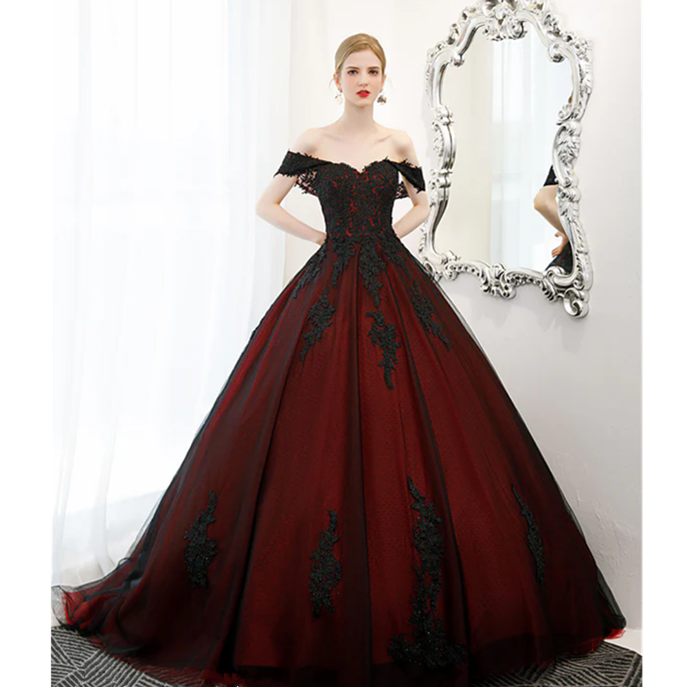 Gothic Black and Dark Red Wedding Dresses Off The Shoulder Beading Lace Up Long Black Burgundy Bridal Gowns Vestidos novias