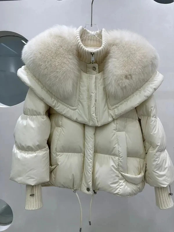 Fur Collar Goose Down Jacket Female Short Haining Winter Coat 2023 Bread Clothing Women Parkas 241011