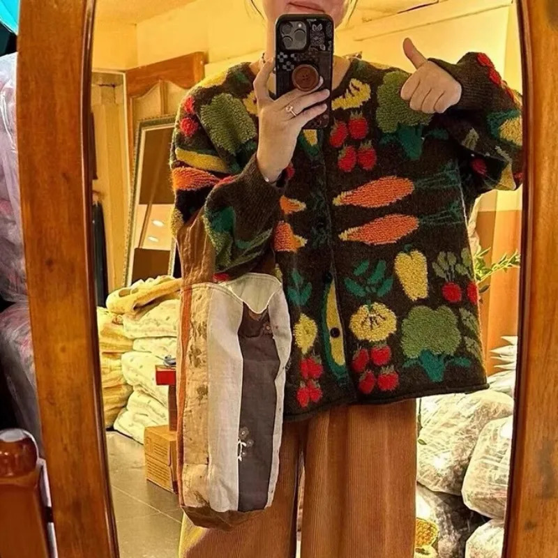 Japanese Cartoon Fruits Knitted Cardigan Women Basics ONeck Female Long Sleeved Loose Autumn Winter 241009