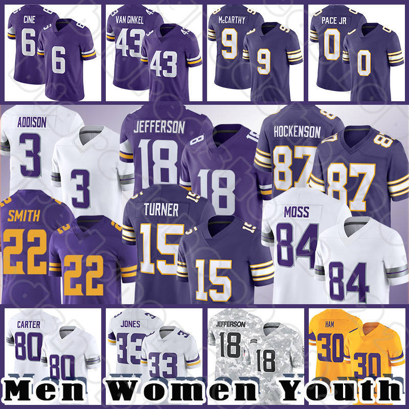 18 Justin Jefferson 9 J.J. McCarthy Football Jerseys 15 Turner 3 Addison 87 T.J. Hockenson Randy Moss Cris Carter Aaron Jones Harrison Smith C.J. Ham Sam Darnold Ivan Pace Jr