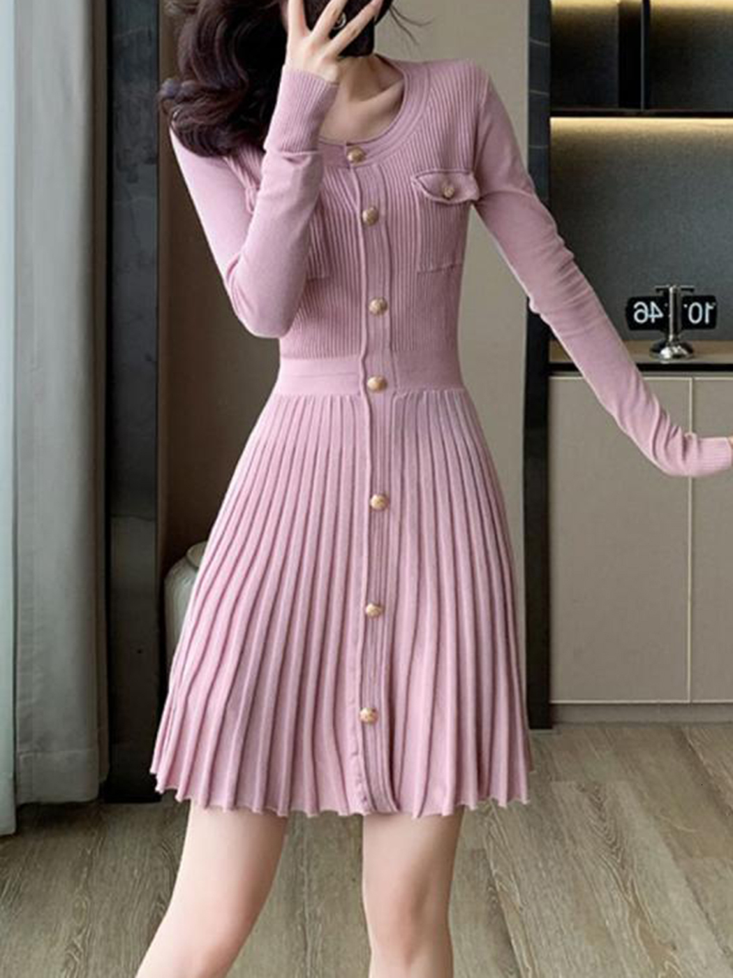 2024 New Pink O-Neck Knit Autumn Metal Button Long Sleeve Fashion Short Dress A-E Pleat Elegant Chic Women Dresses
