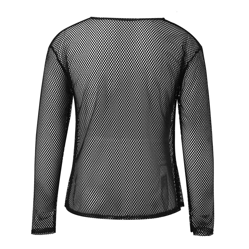 Mens Sexy See-Through Mesh Long-Sleeved Top 2024 Genderless Nightclub Individuality Youthful Thin Low-Cut T-Shirt Unisex 241011