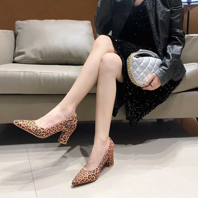 Woman Fashion Designer Leopard Pointed Toe Pumps Women Cloth/Leather Chunky High Heels Sexy Slip On Female Shoes Big Size 42LX241014