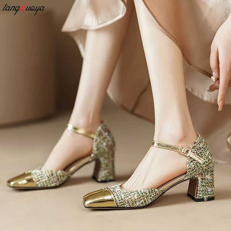 Gold Luxurious design Mary Jane shoes women New French square toe high heels Classic Ankle Buckle Dress Party Shoes Women SandalLX241014