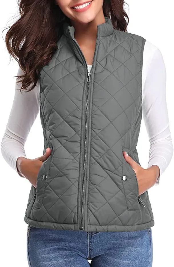 Women Sleeveless Zip Up Vest Mandarin Collar Puffer Jacket Fall Lightweight Black Pink Khaki Red Coffee Coats with Pockets 241008