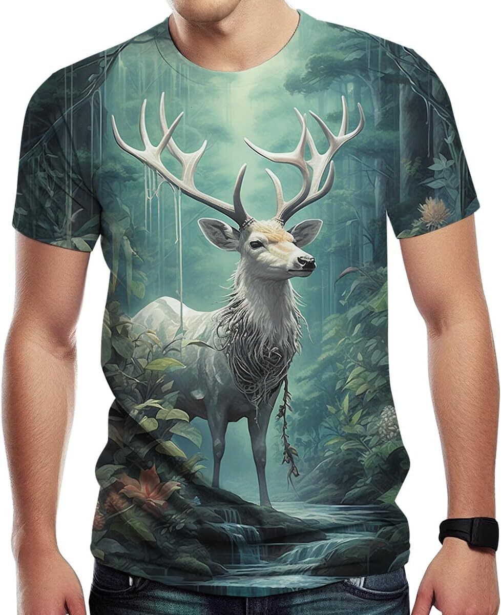Mens T shirt Deer Hunting Colorful Pattern Shirt Art Print White Deer Cool graphic tee Casual tops summer clothes cool