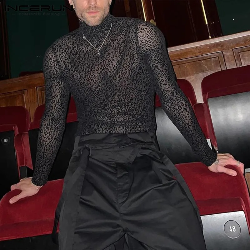 INCERUN Men T Shirt Leopard Print Turtleneck Mesh Sexy Long Sleeve See Through Camisetas Streetwear Fashion Men Clothing 241011