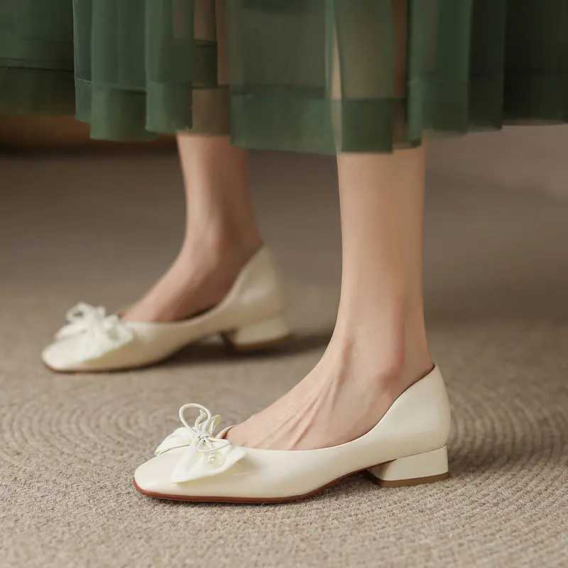Black Kawaii Ladies Summer Footwear Square Toe Cute Low Heel Elegant with Bow Shoes for Women 2024 Red Y2k on Offer Chic PointLX241014