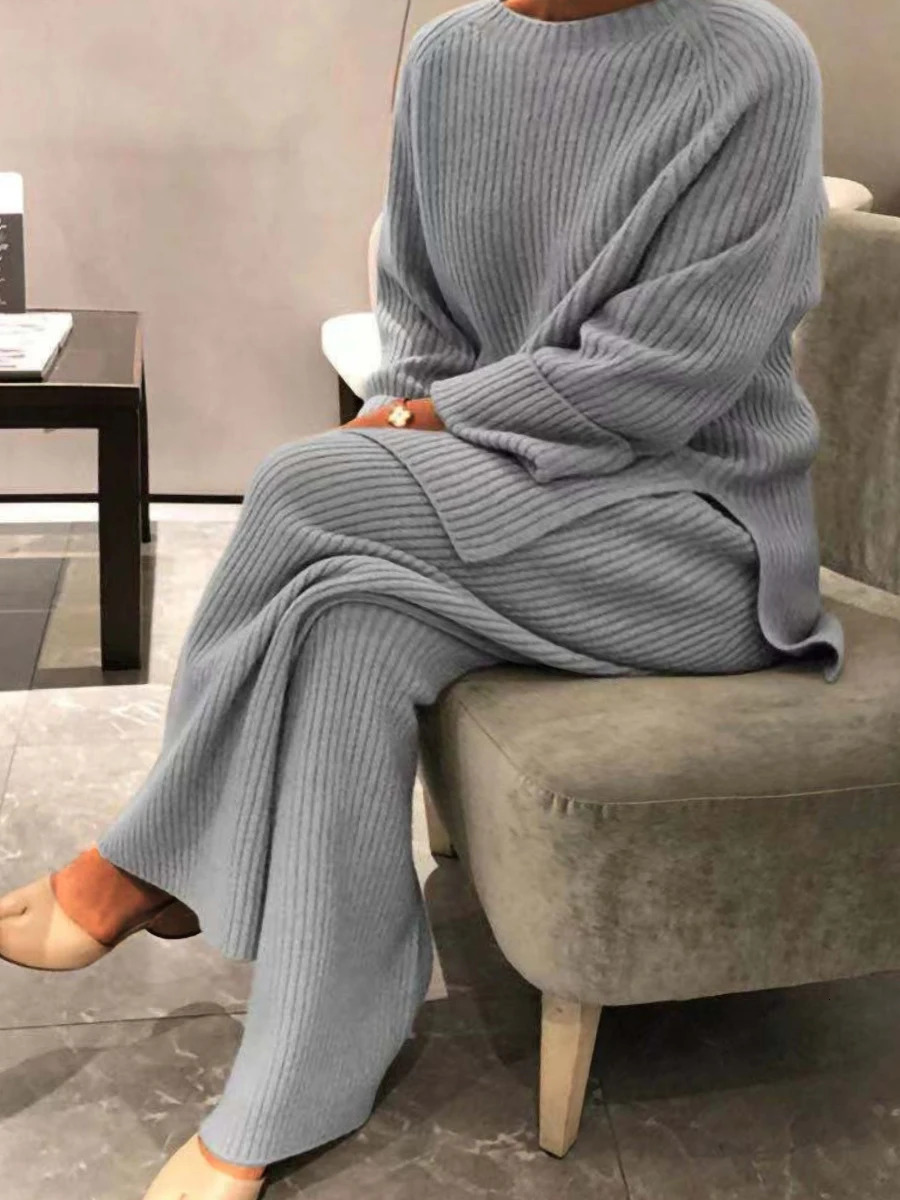 LW Plus size ribbed knitted side split pants set wide leg pants set drag sweater set long pants set 240930