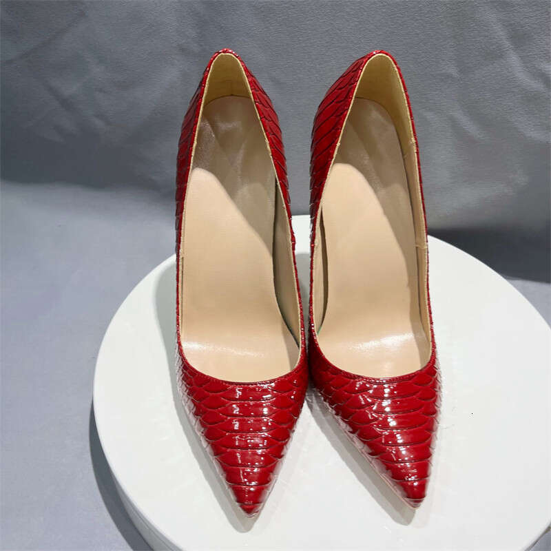 Red Snakeskin Emed Women Sexy Pointed Toe 12Cm Thin High Heels Ladies Slip On Stilettos Pumps Woman
