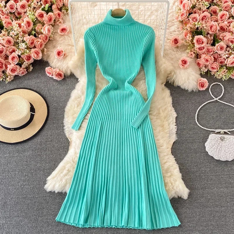 REALEFT Autumn Winter Turtleneck Womens Knitted Dresses 2024 Long Sleeve Solid Casual ALine Pleated Female 241007