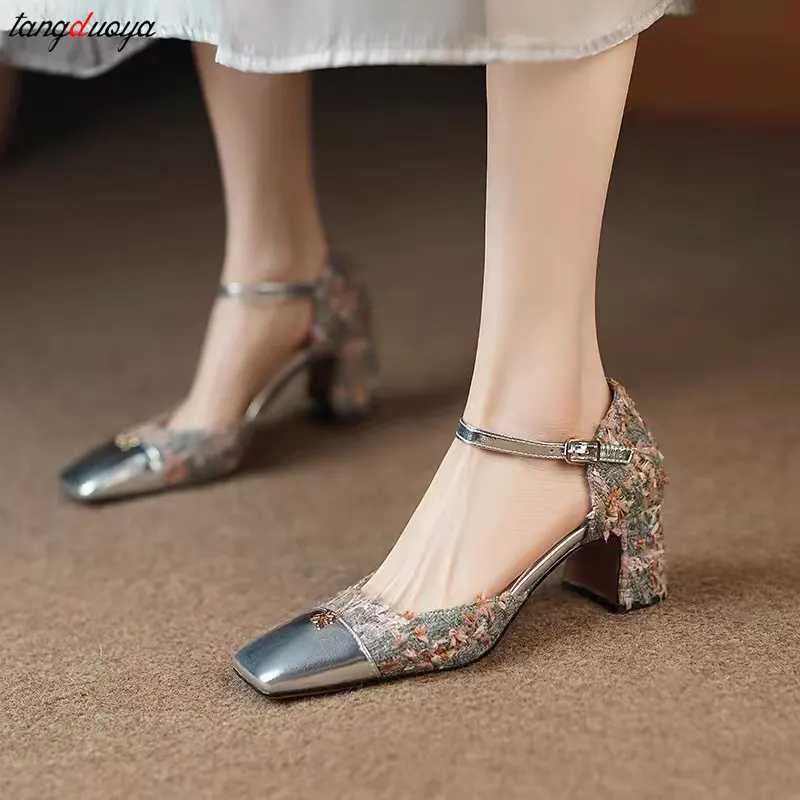 Gold Luxurious design Mary Jane shoes women New French square toe high heels Classic Ankle Buckle Dress Party Shoes Women SandalLX241014