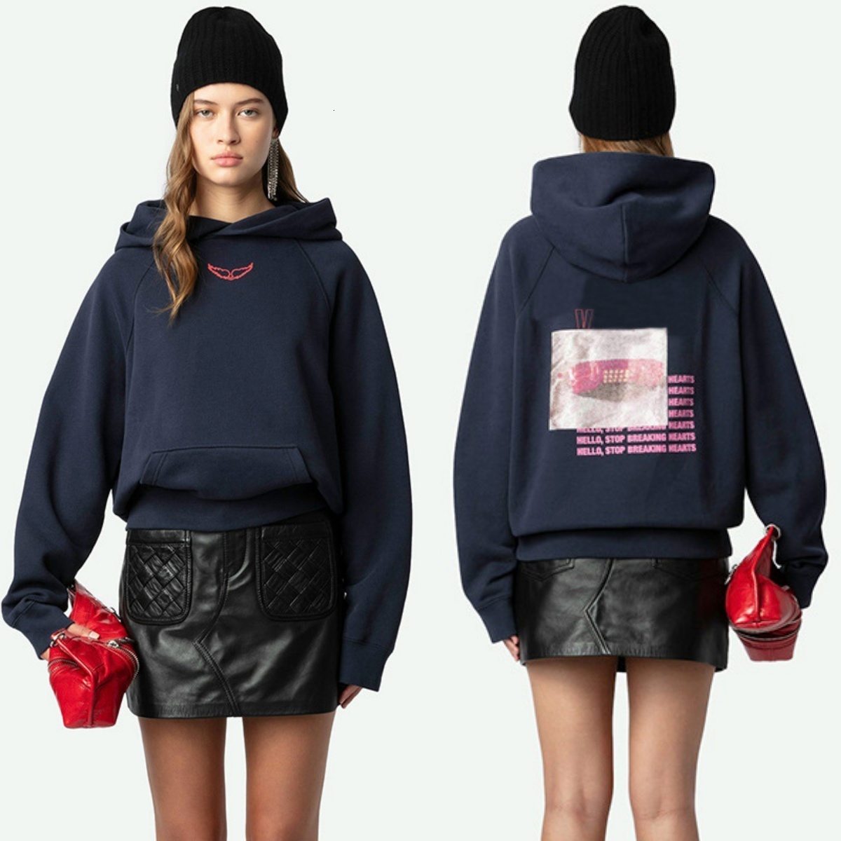 Sweatshirts 24aw Zadiggtn Women Designer Cotton Loose Hoodie Pullover Jumper New Classic Hot Wings Pink White Ink Digital Print Fleece Casual Hooded Sweater Tops TN