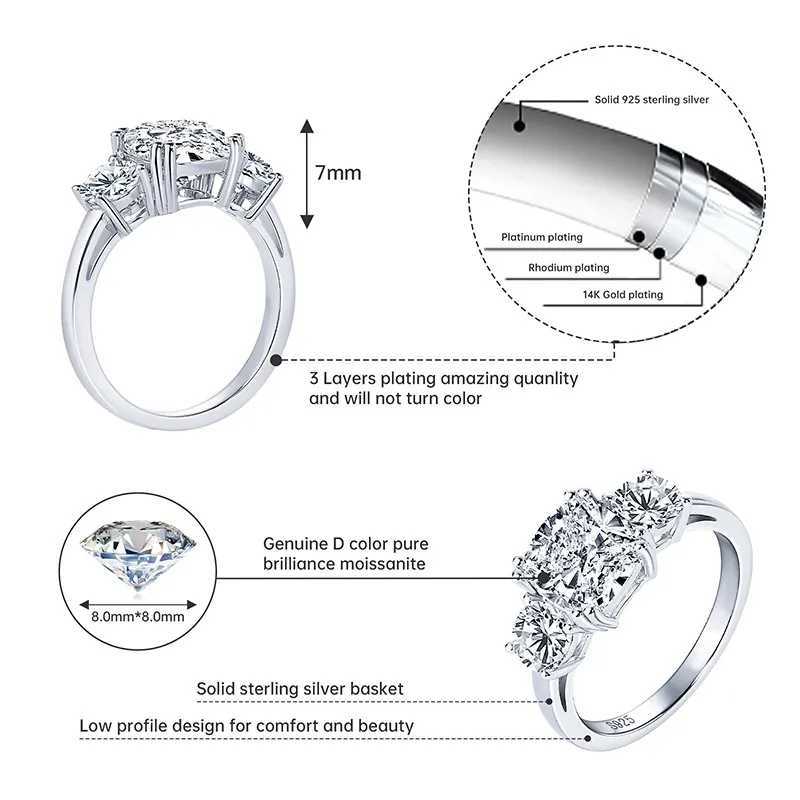 Lnngy Round Cushion Cut Moissanite Engagement Ring for Women 925 Sterling Silver Three Stone Wedding Ring Sparkling Jewelry Gift