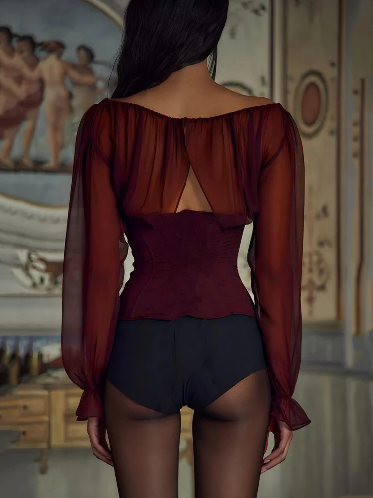 Mozision Wine Red Chiffon Long Sleeve Sexy T-shirt Women Fashion Elegant Lace-up Backless High Waist T-shirts Tops Loose Tees 241014