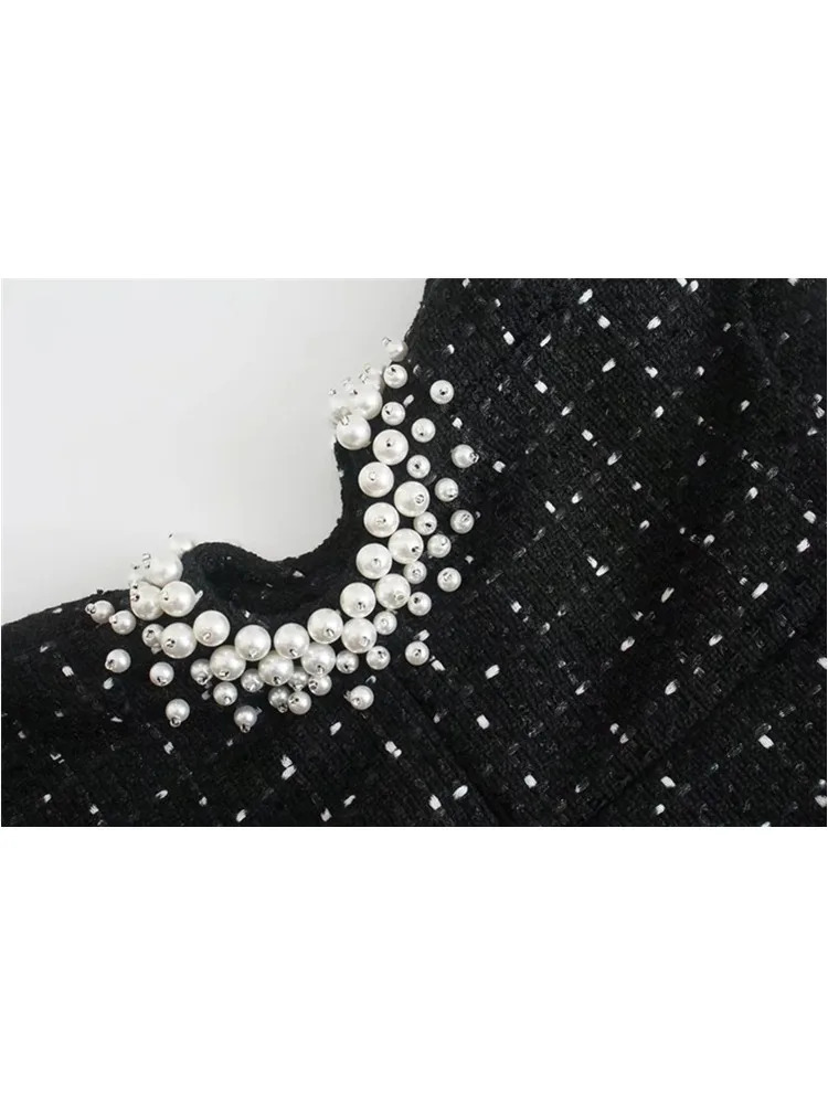 Zevity Women Sexy Waist Hollow Out Pearl Appliques Tweed Woolen Slim Mini Dress Female Chic Back Zipper Sling Vestidos DS2148 241011