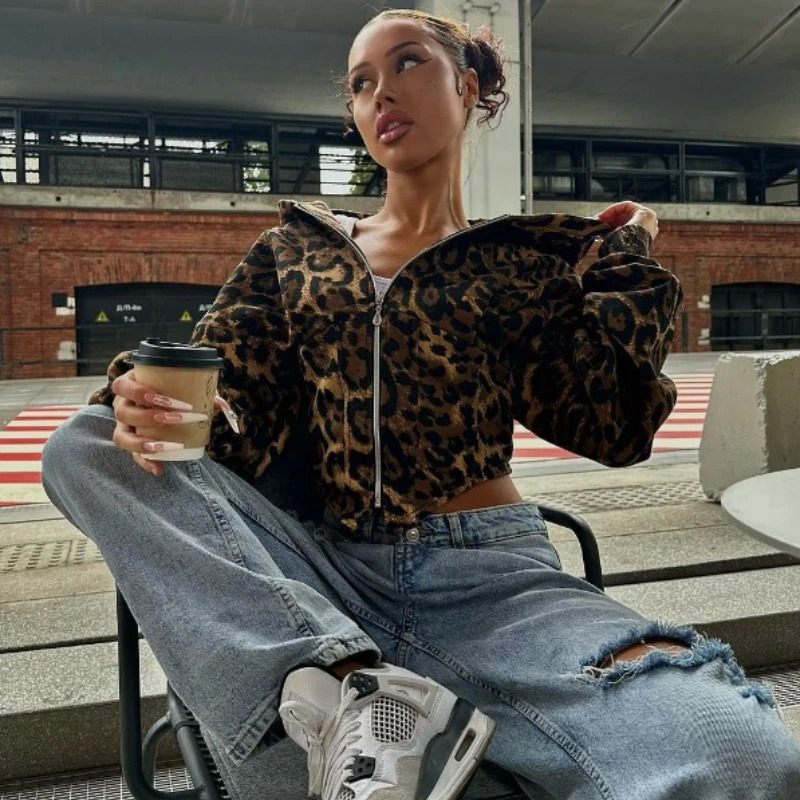 DEEPTOWN Y2k Leopard Print Hoodie Vintage Streetwear Irregular Slim Sexy Cheetah Zipper Hooded Sweatshirt Autumn 241009