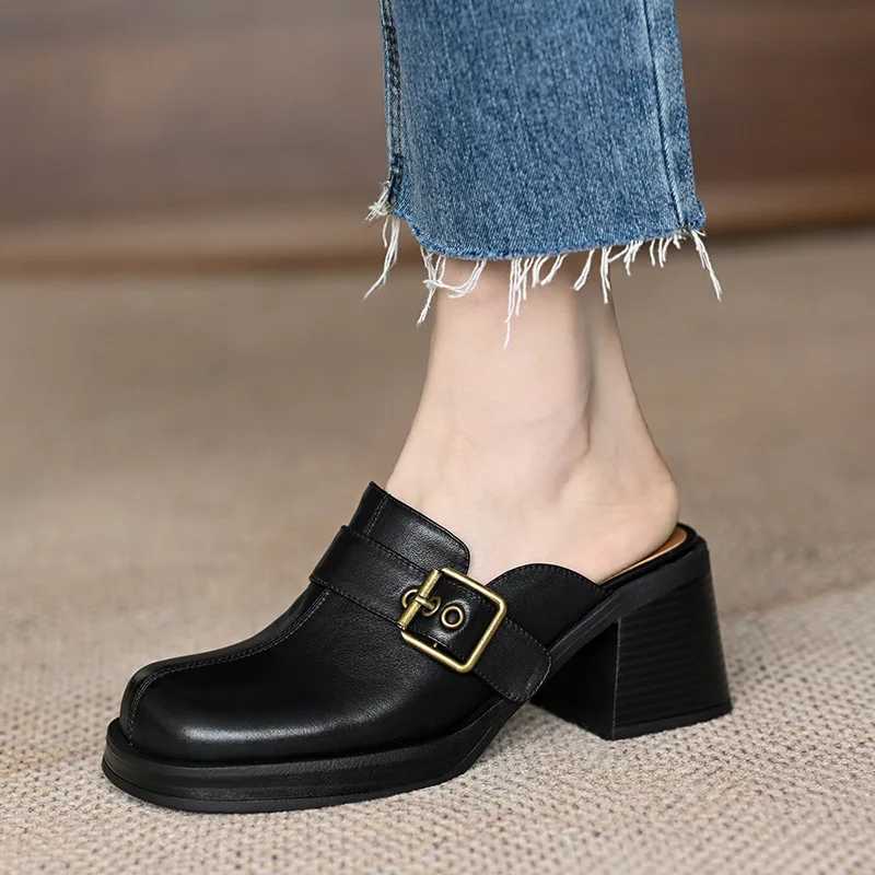 Baotou Half Slippers Womens New Commuter Thick Heels Thick Sole Outer Wear Muller Shoes Belt Buckle High Heels Women ShoesLX241014