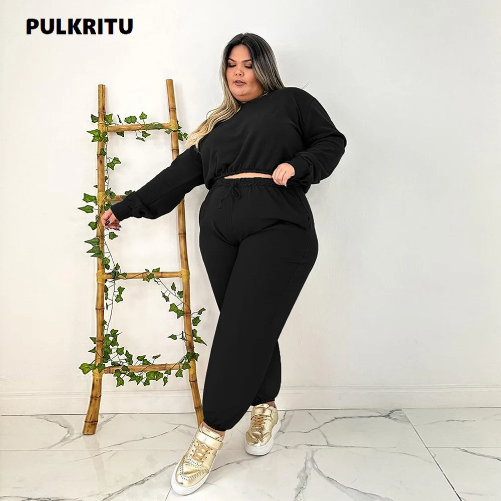 Pulkritu plus size womens jogging pants set and long sleeved sportswear fashionable two-piece set active sportswear set 240930
